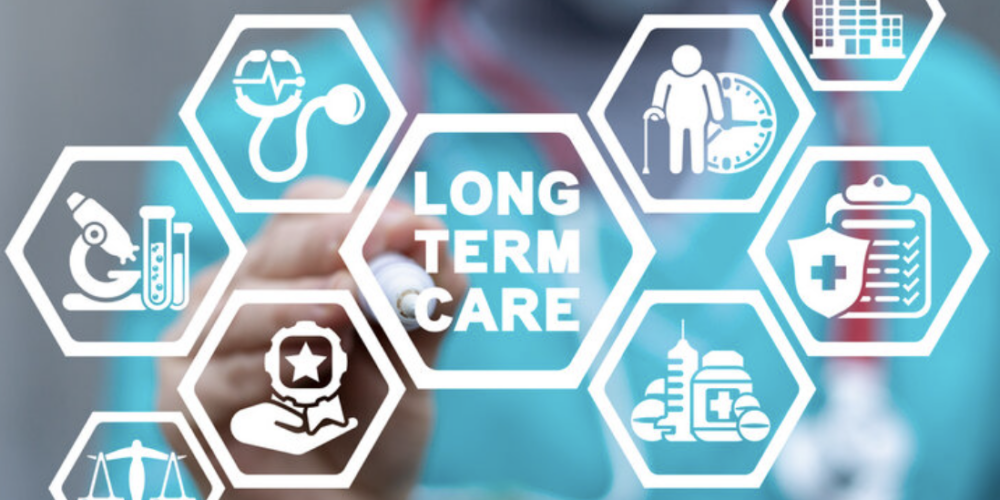 professional pointing to a "Long Term Care" graphic surrounded by healthcare icons including a stethoscope, hospital, medication, and insurance symbols trying to under the cost of disability